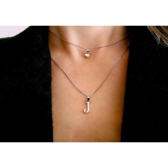 Solid 10K White Gold Dainty Letter Charm Necklace, Real Gold Initial Pendant - Picture 5 of 8